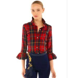 Gretchen Scott Priss Shirt Womens Large Red Plaid Ruffle Sleeve Button Down Prep
